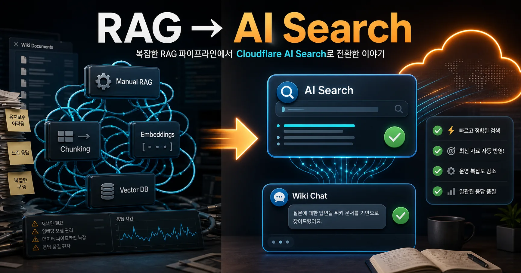 복잡한 수제 RAG 파이프라인에서 Cloudflare AI Search 기반 위키 챗봇으로 전환하는 모습